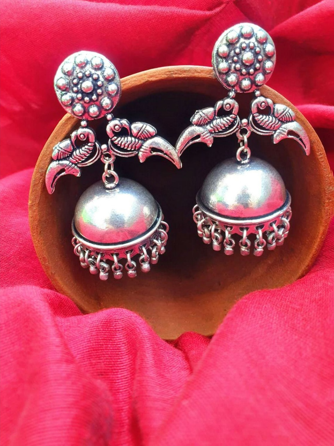 

FIROZA Silver-Toned Oxidised Dome Shaped Jhumkas