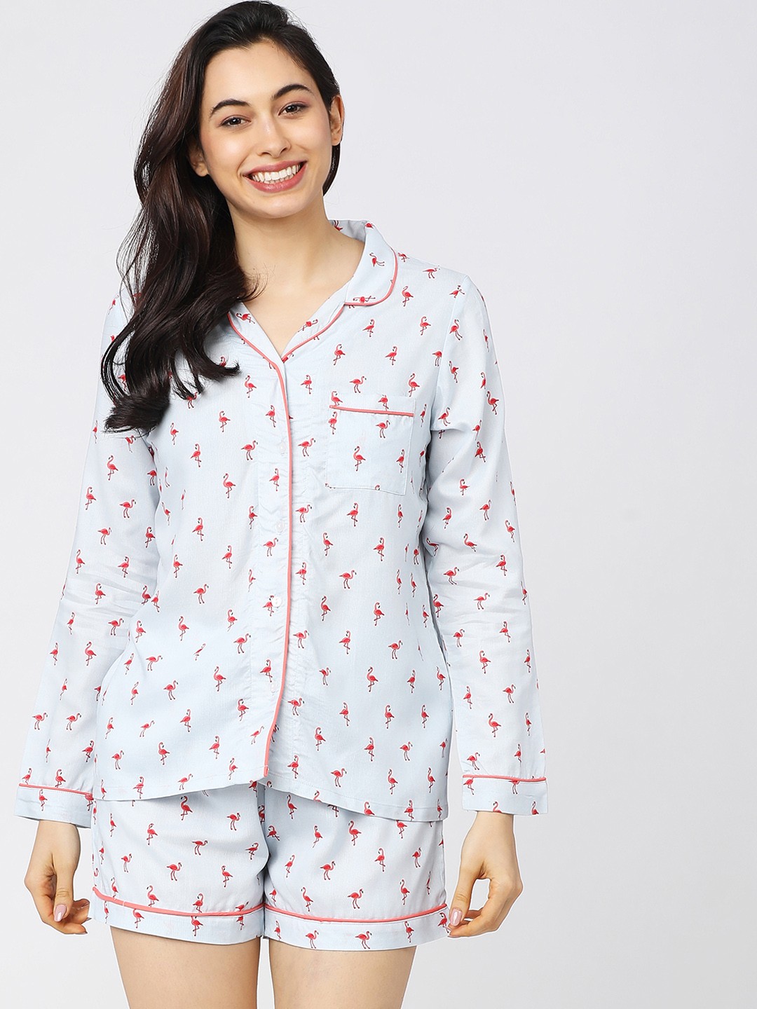 

Tokyo Talkies Women Coral & Blue Printed Night suit