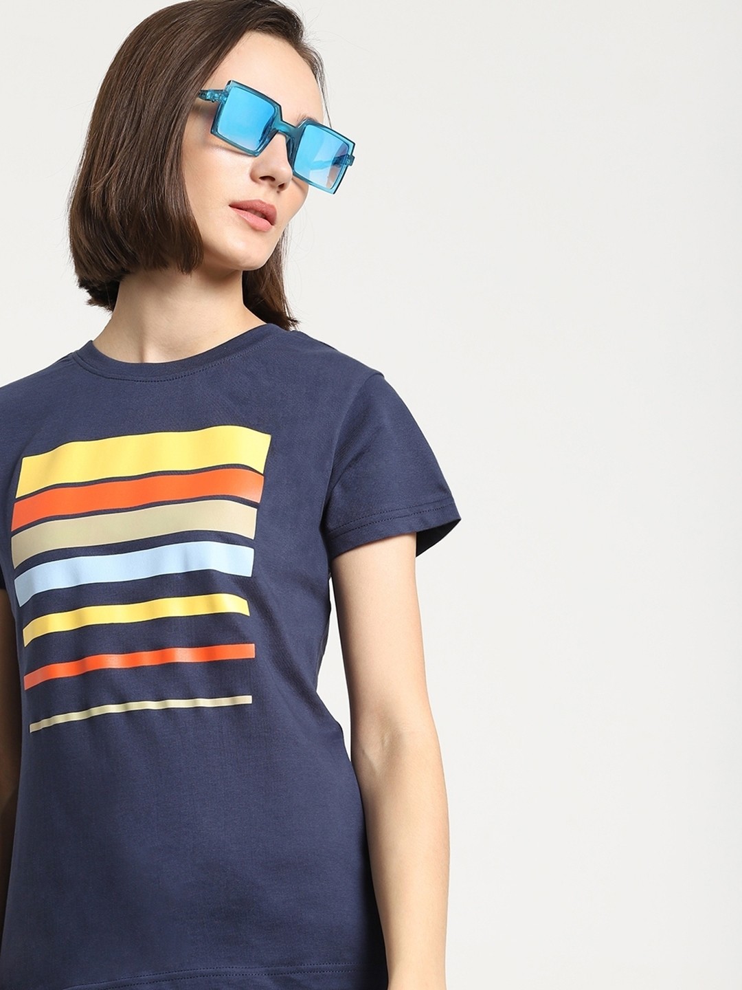 

Bewakoof Women Sunset Multi Block Stripes Slim Fit T-shirt, Blue