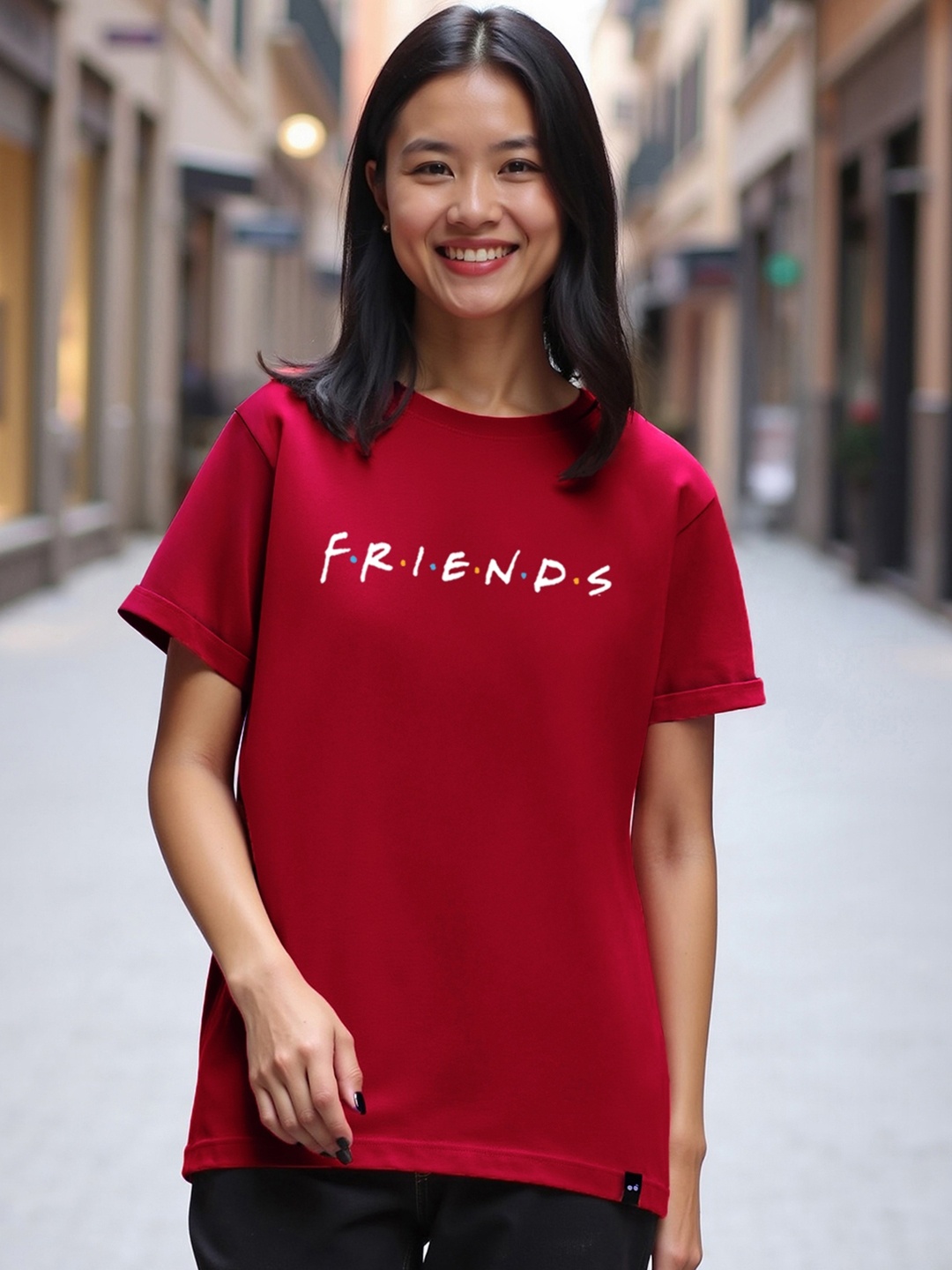 

Bewakoof Women Red Friends Printed Pure Cotton Boyfriend T-Shirt