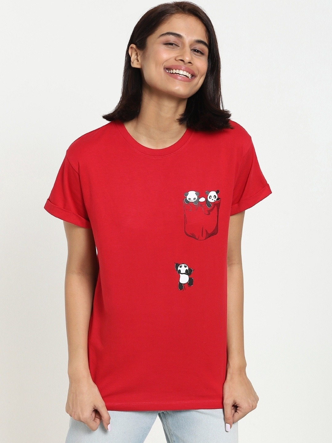 

Bewakoof Women Climbing Pocket Panda Boyfriend T-shirt, Red