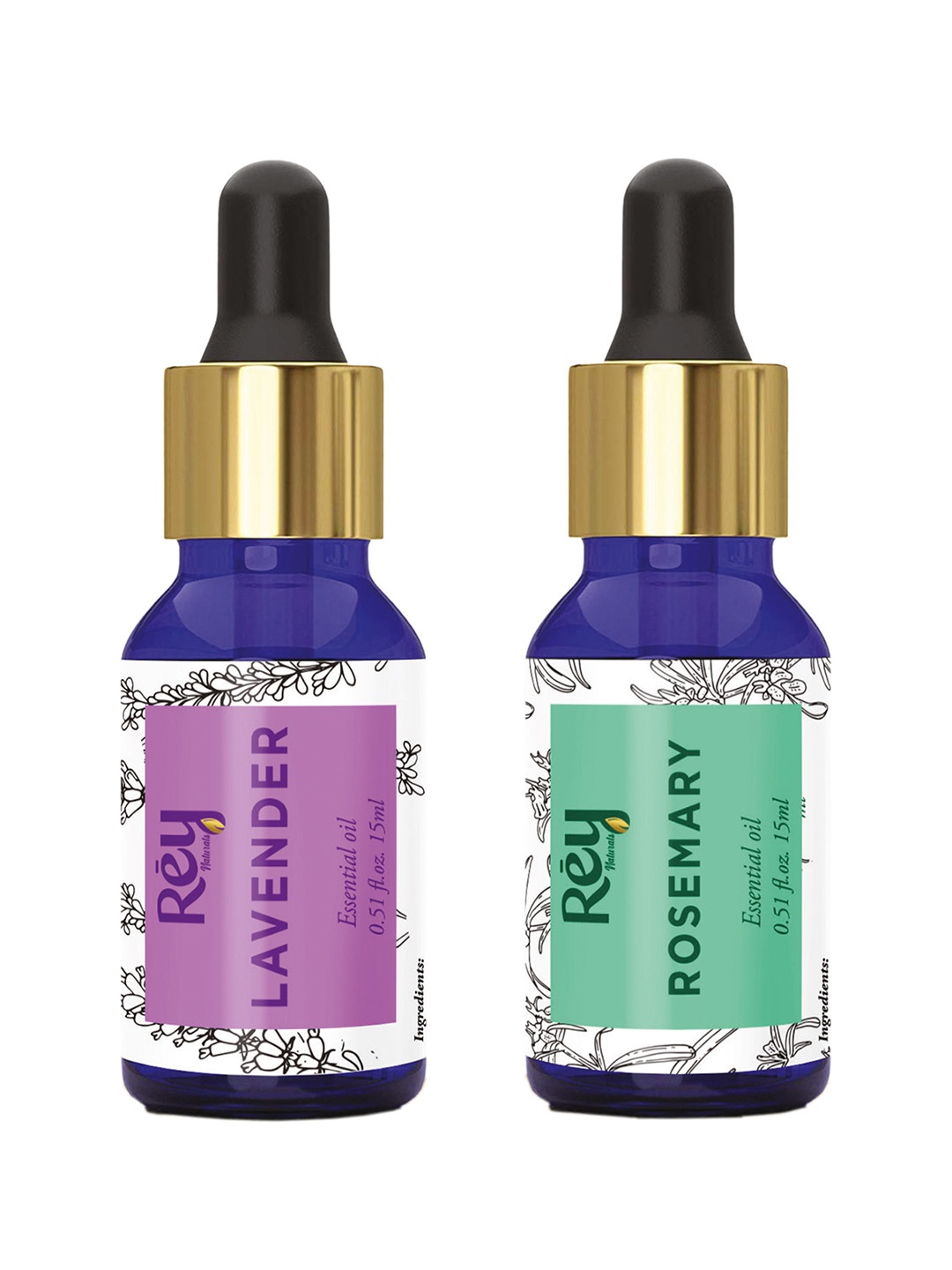 

Rey Naturals Set of Lavender Oil & Rosemary Essential Oils Natural - 15 ml each, Transparent