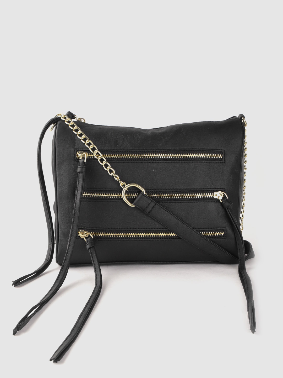

Roadster Women Black Solid Zip Detail Tasseled Structured Sling Bag