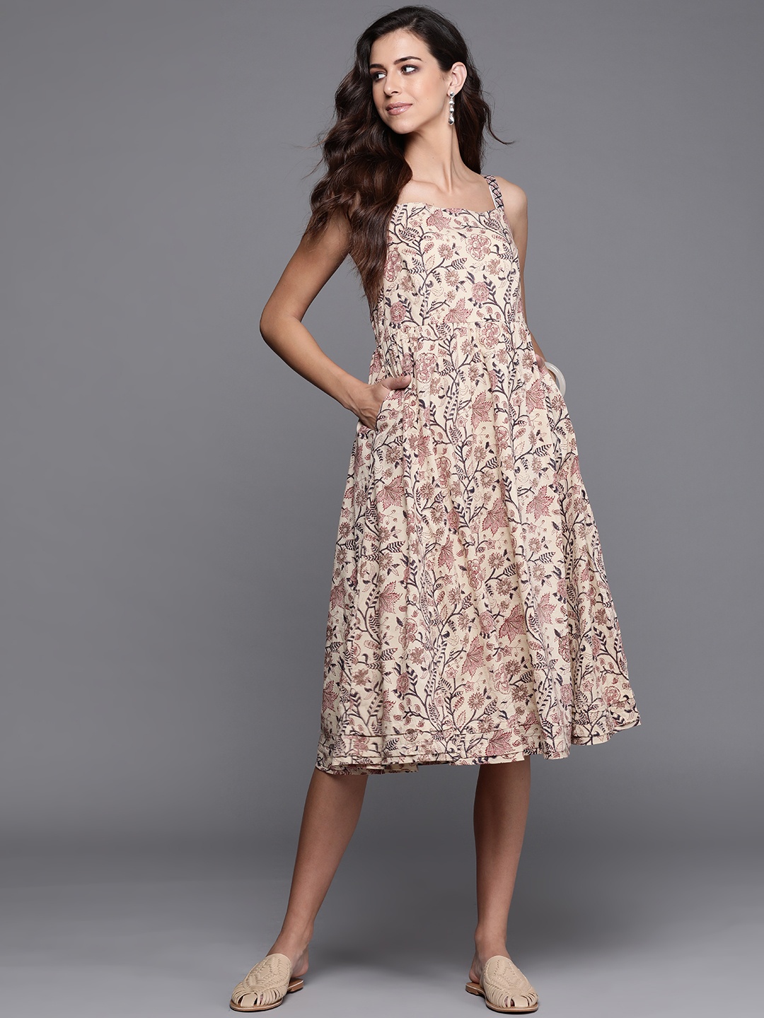 

Fabindia Beige & Pink Handblock Print A-Line Midi Dress