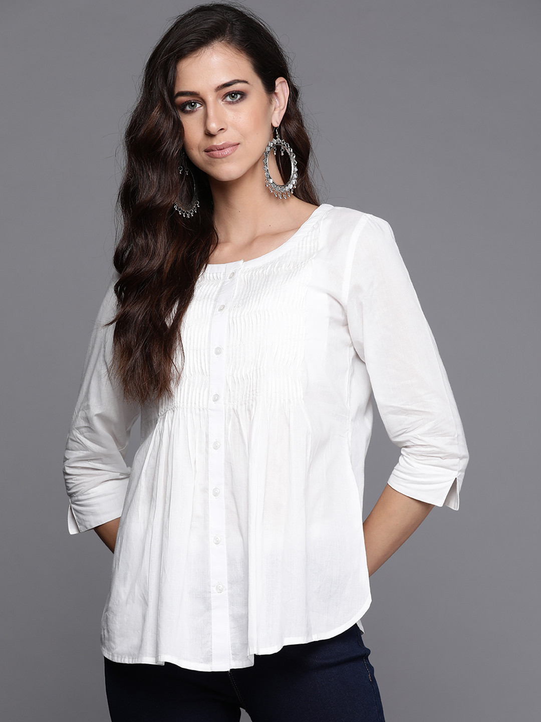 

Fabindia White Solid Cotton Pin Tuck Pleated A-line Top