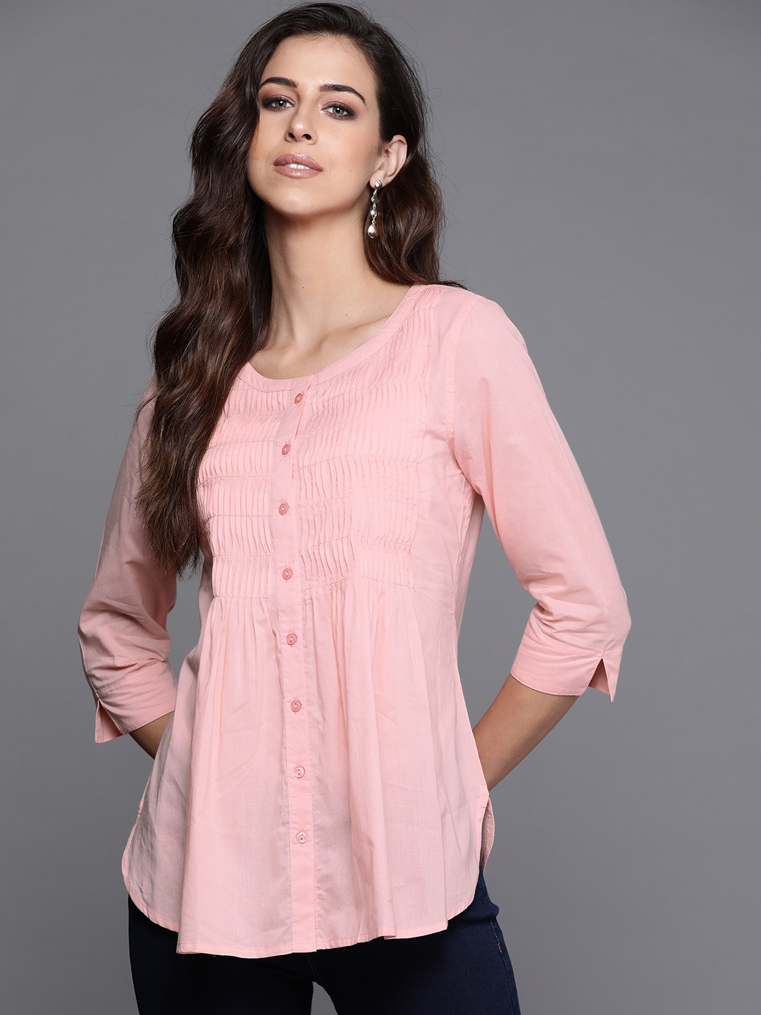 

Fabindia Pink Solid Cotton Pin Tuck Pleated A-line Top