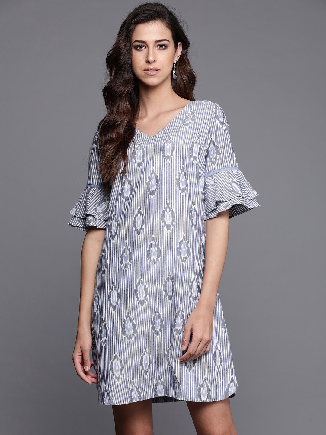 

Fabindia Blue & White Ikkat Print A-Line Dress