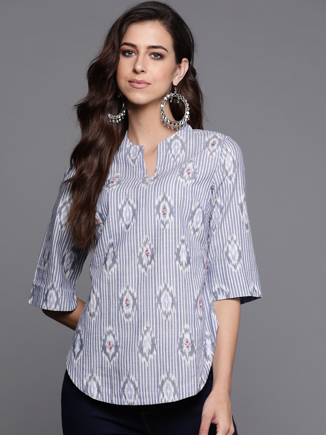 

Fabindia Blue & White Striped Ikat Cotton Regular Top