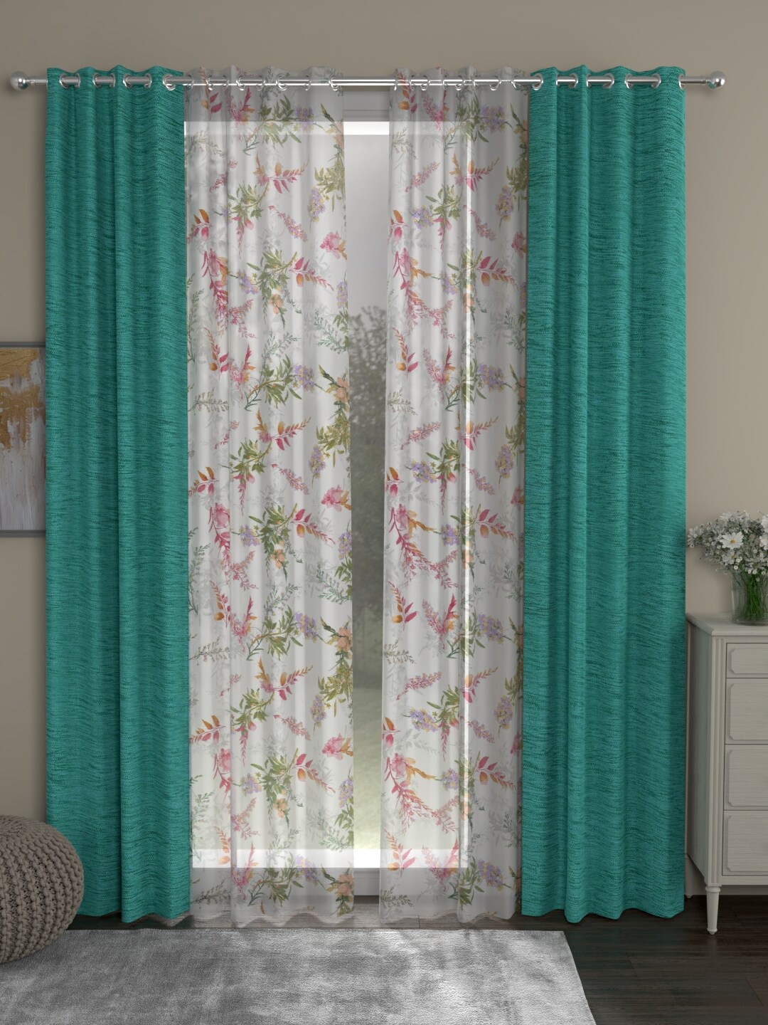 

ROSARA HOME Set Of 4 Turquoise Blue & White Room Darkening Door Curtains