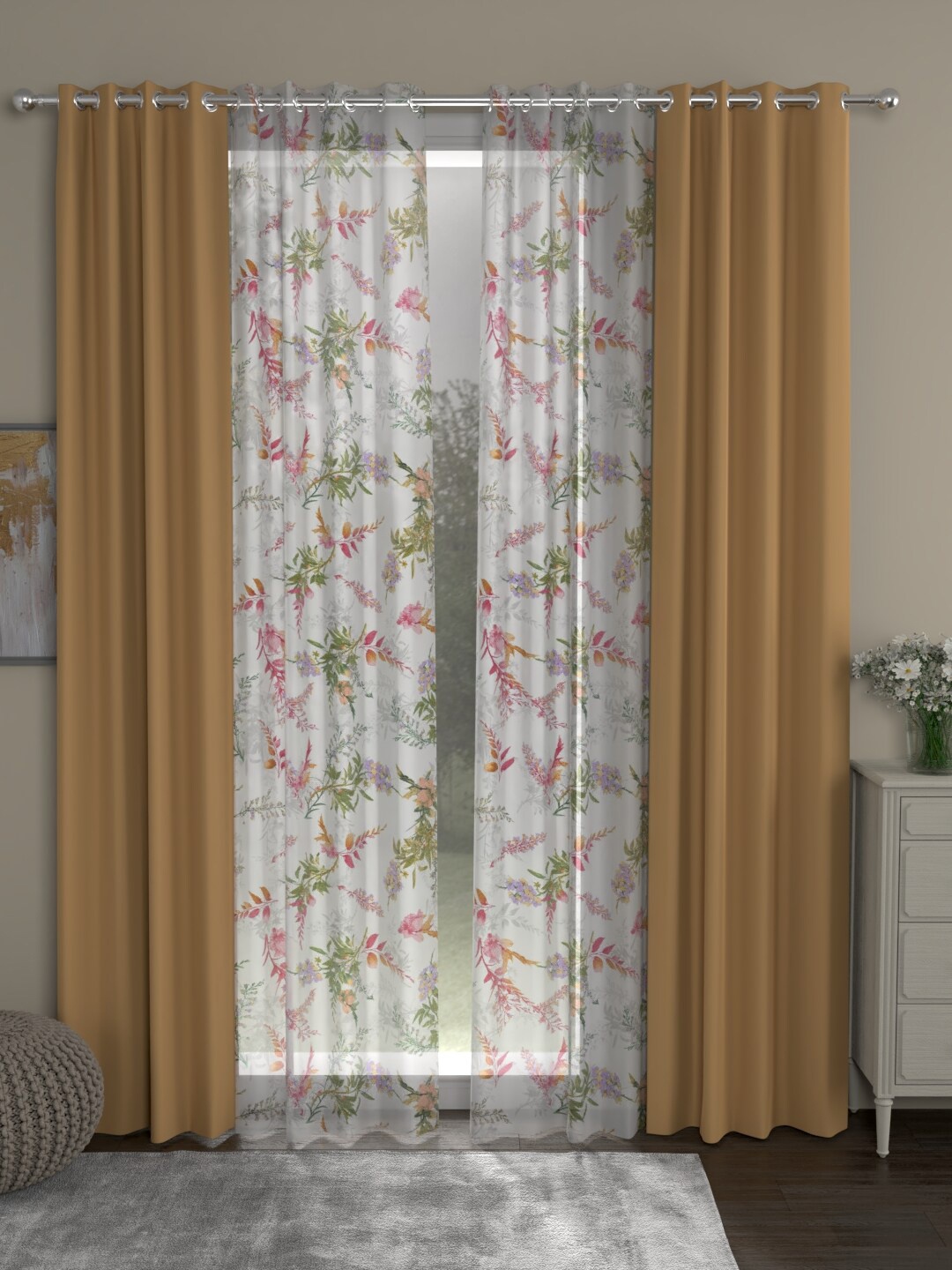 

ROSARA HOME Beige & White Set of 4 Floral Black Out Door Curtain