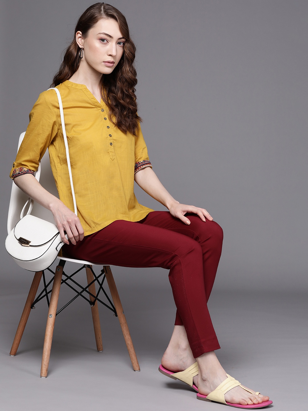 

Fabindia Mustard Yellow Mandarin Collar Roll-Up Sleeves Pure Cotton Top With Slub Effect