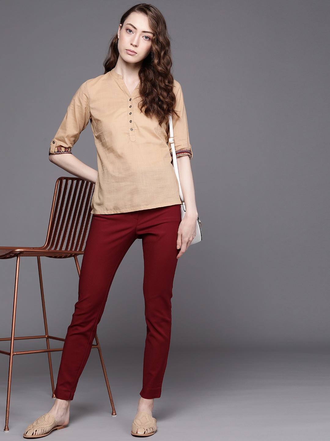

Fabindia Beige Mandarin Collar Roll-Up Sleeves Pure Cotton Top With Slub Effect