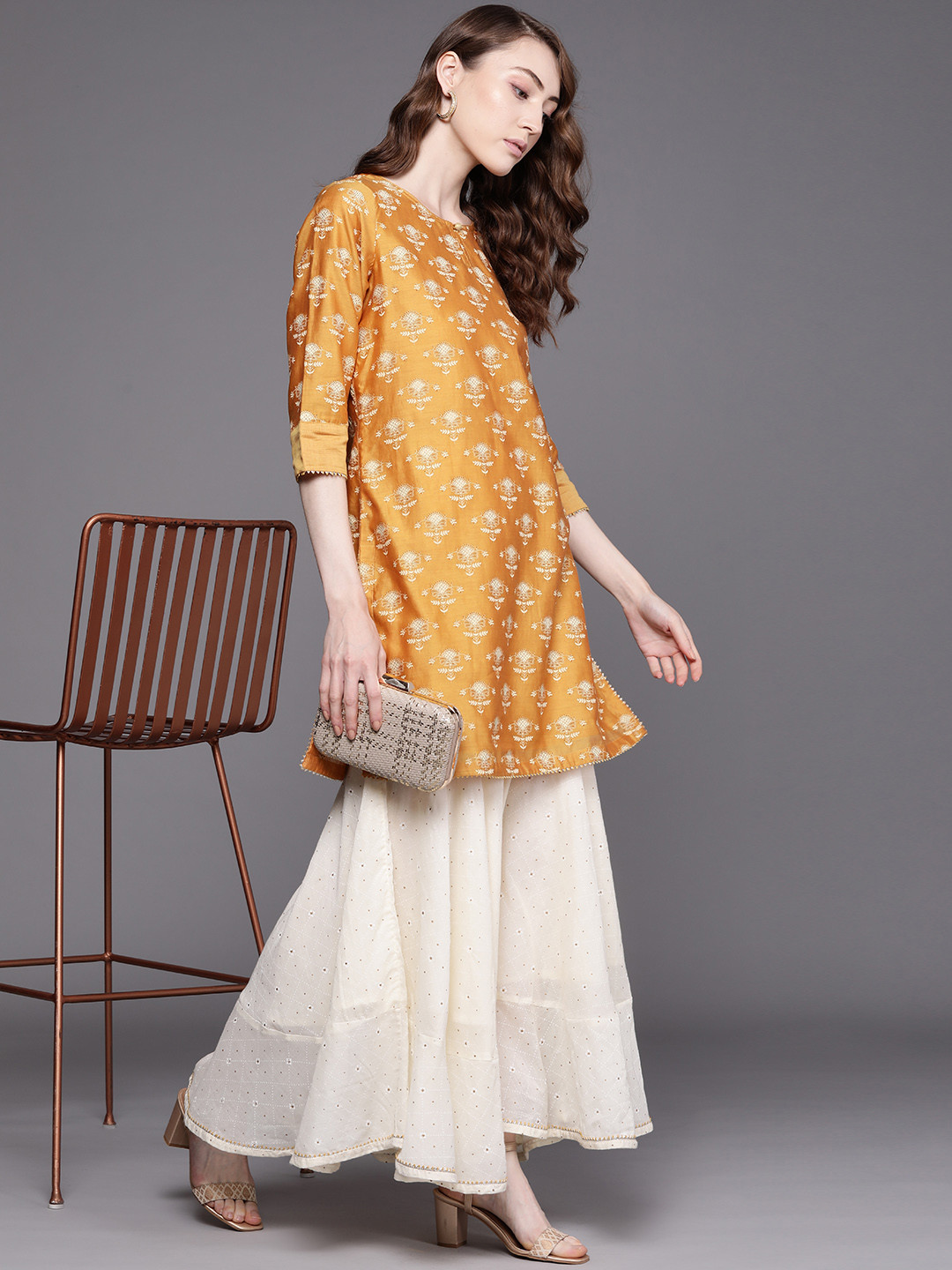 

Fabindia Women Mustard Yellow Ethnic Motifs Printed Regular Kurta with Sharara