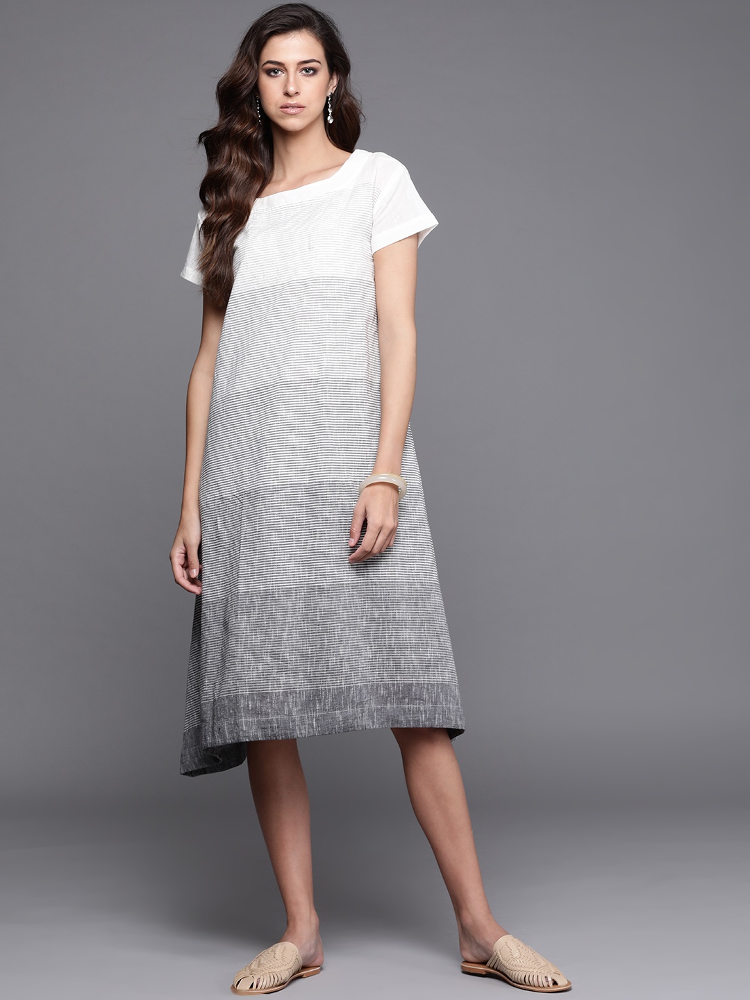 

Fabindia White & Grey Striped A-Line Dress