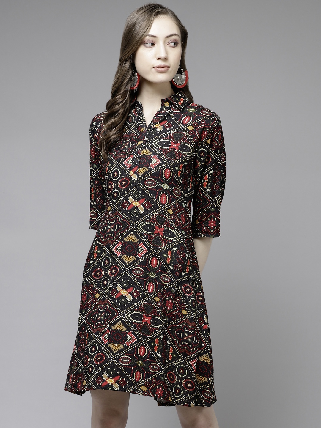 

Ginni Arora Label Women Black & Red Ethnic Motifs Shirt Dress