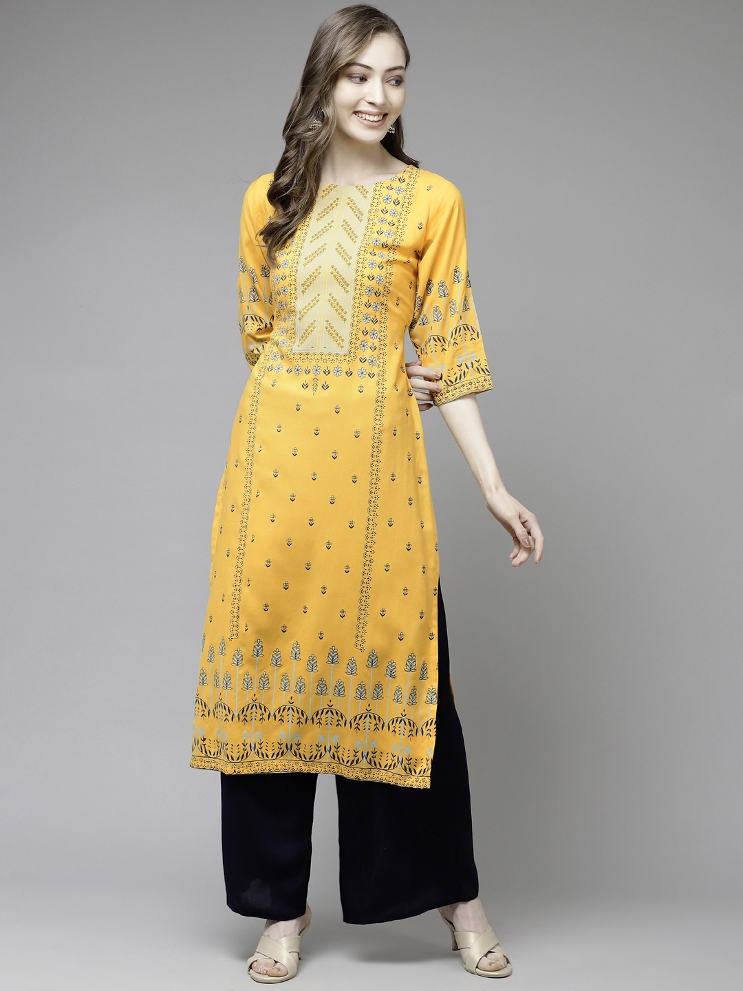 

Ginni Arora Label Women Yellow & Blue Ethnic Motifs Print Straight Kurta