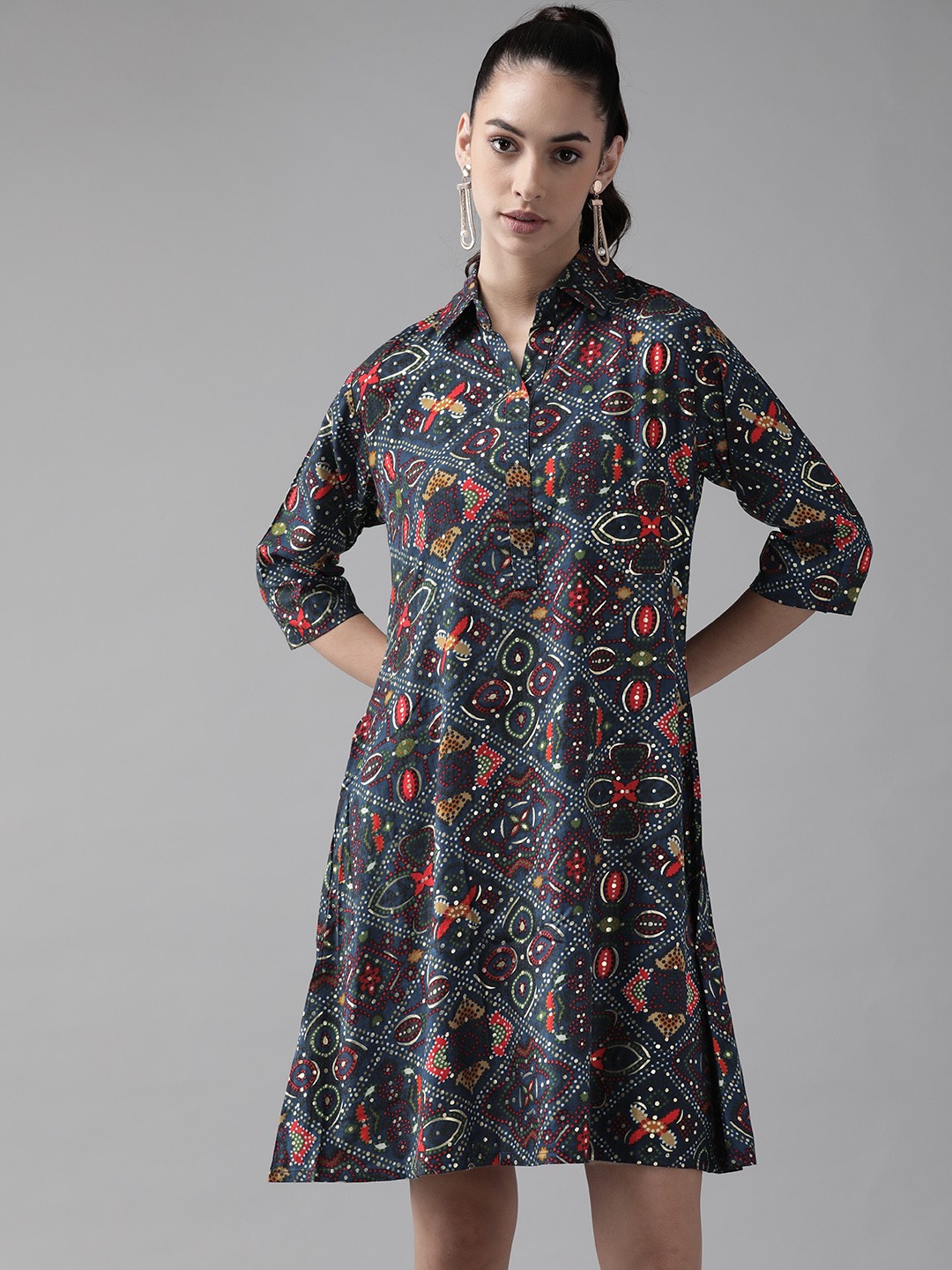 

Ginni Arora Label Navy Blue Ethnic Motifs A-Line Shirt Collar Dress
