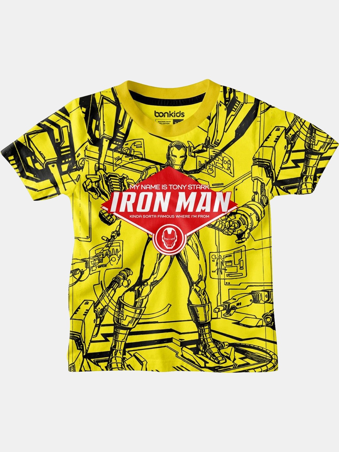 

BONKIDS Boys Yellow & Black Iron Man Printed Slim Fit T-shirt