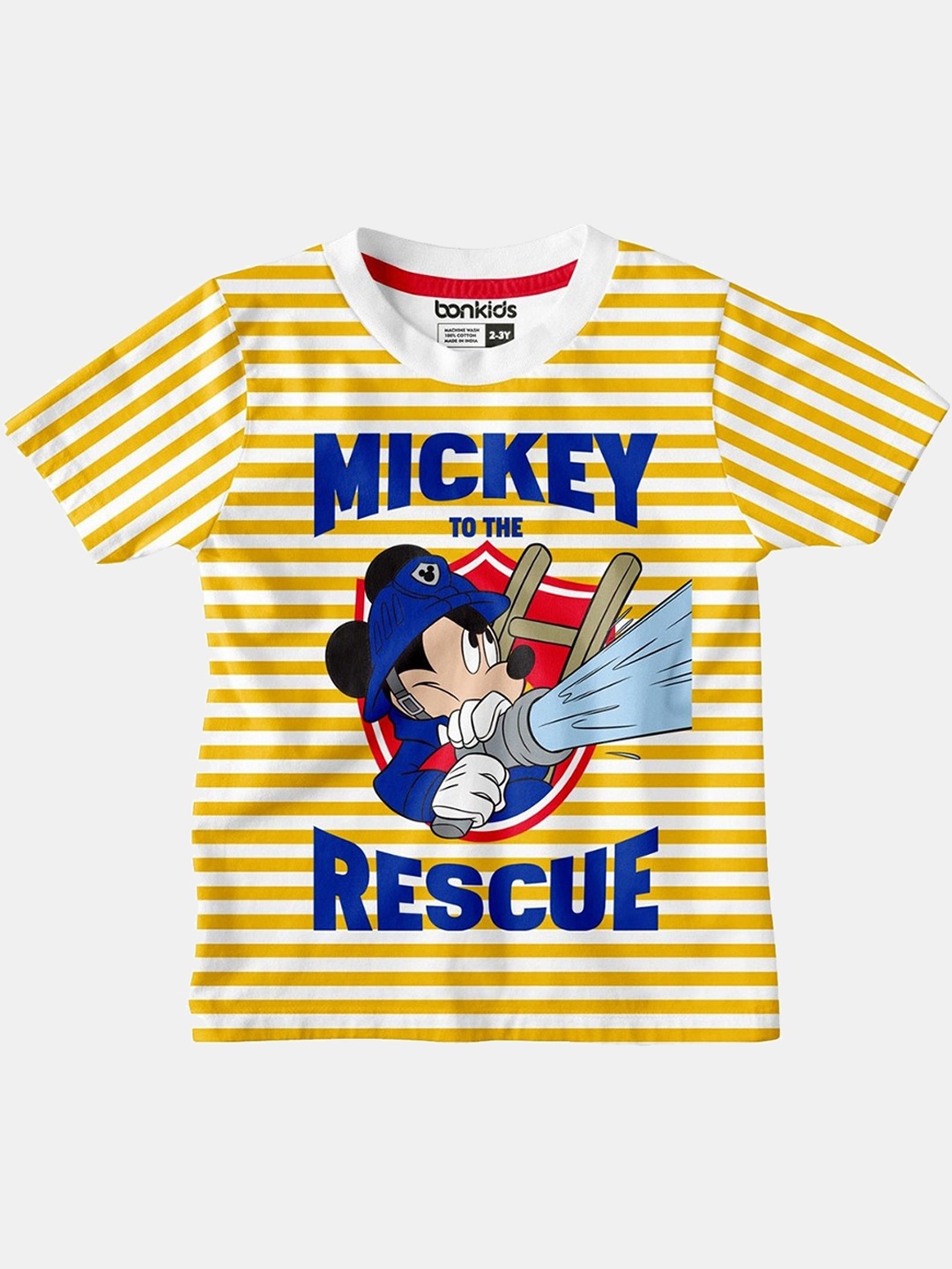 

BONKIDS Boys Yellow Mickey Mouse Striped Slim Fit T-shirt