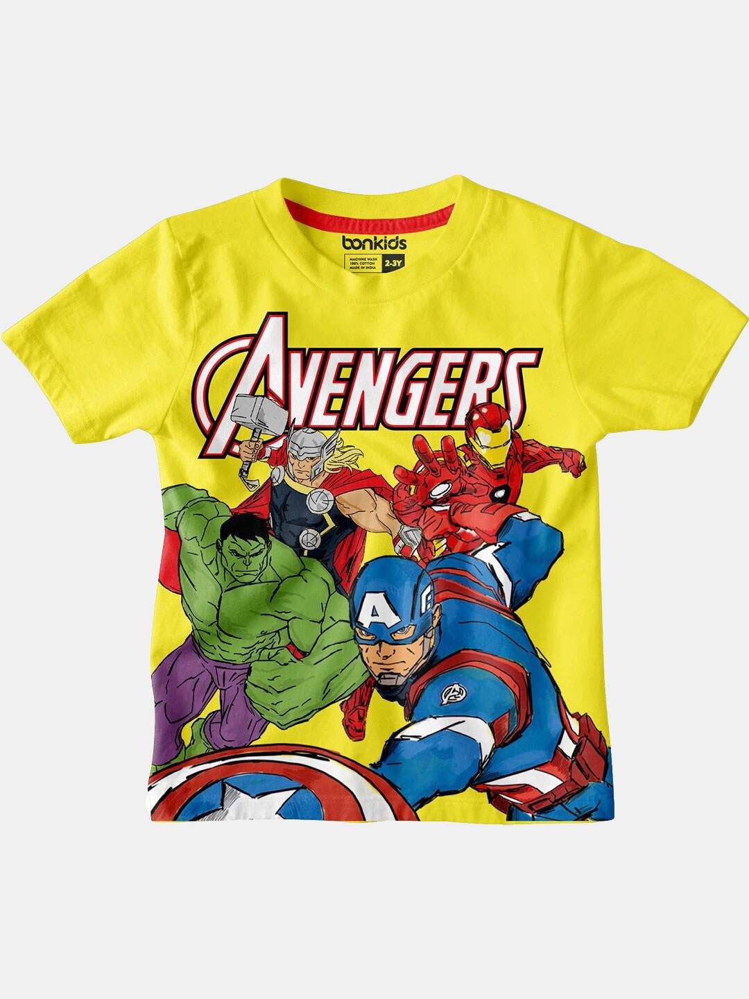 

BONKIDS Boys Yellow & Multicoloured Avengers Print Slim Fit T-shirt