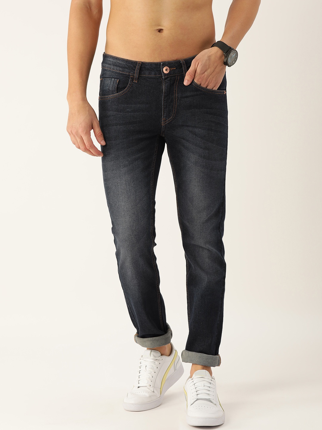 

Flying Machine Men Navy Blue Low-Rise Heavy Fade Stretchable Jeans