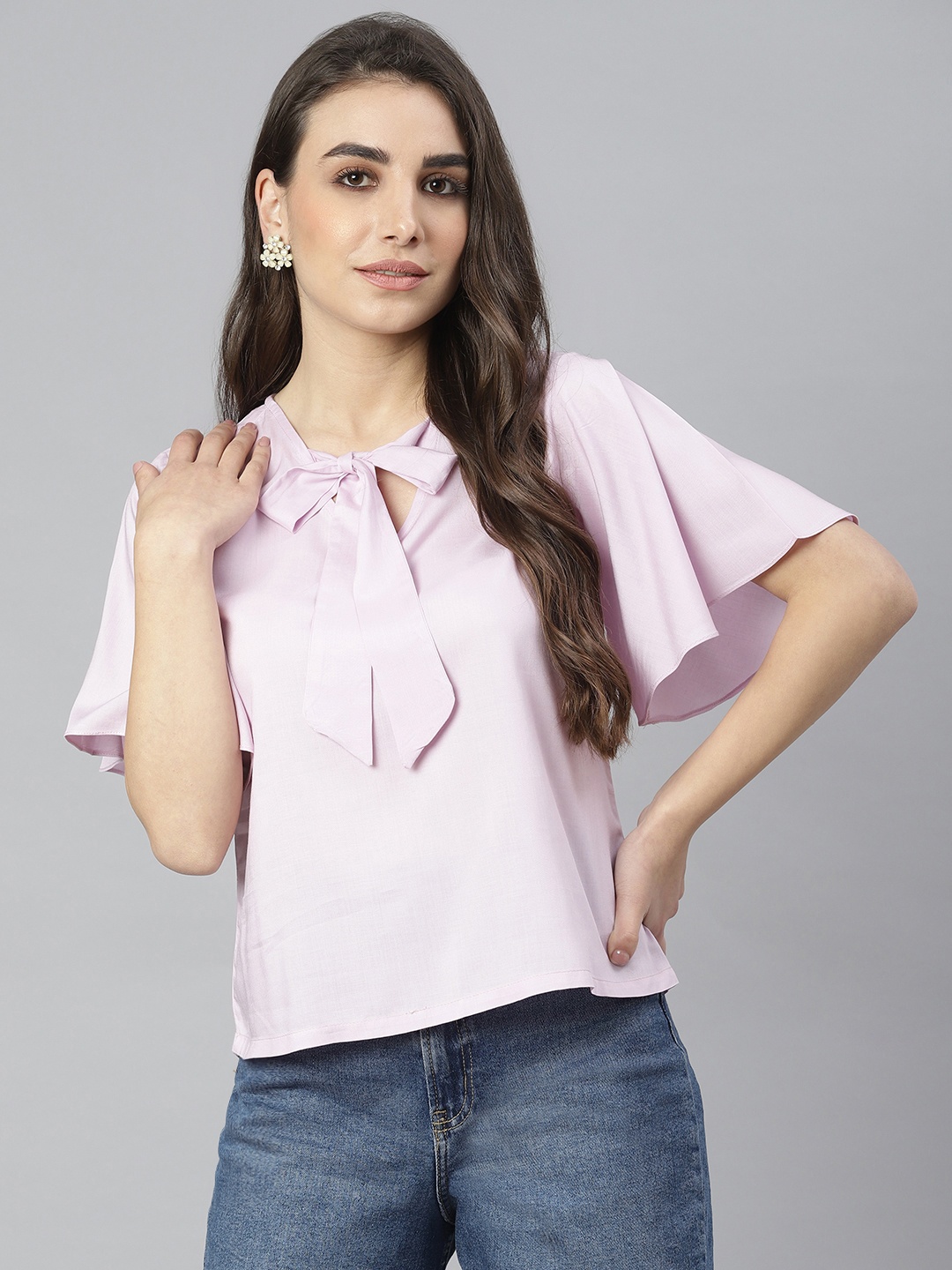 

DEEBACO Purple Tie-Up Neck Regular Top