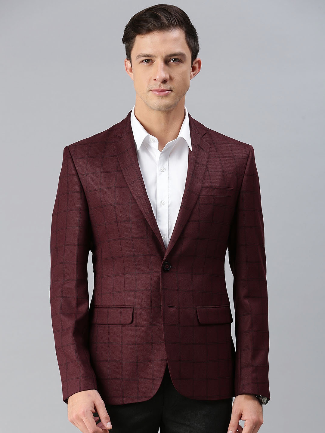 

Park Avenue Men Maroon & Black Checked Neo Fit Single-Breasted Formal Blazer