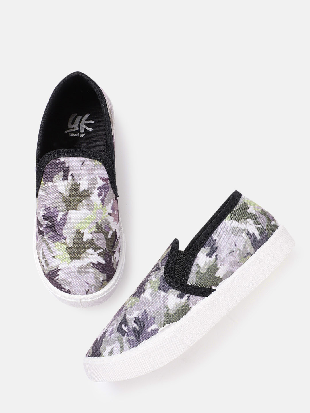 

YK Girls Grey & Olive Green Leaf Printed Slip-On Sneakers