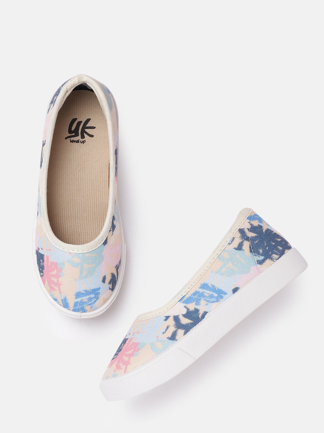 

YK Girls Cream-Coloured & Blue Tropical Print Ballerinas