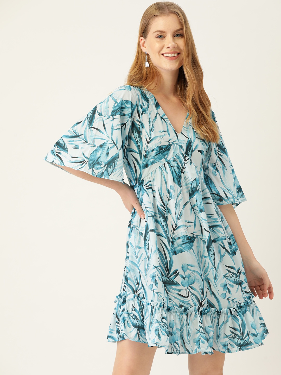 

MELOSO Blue Tropical Print Empire Dress