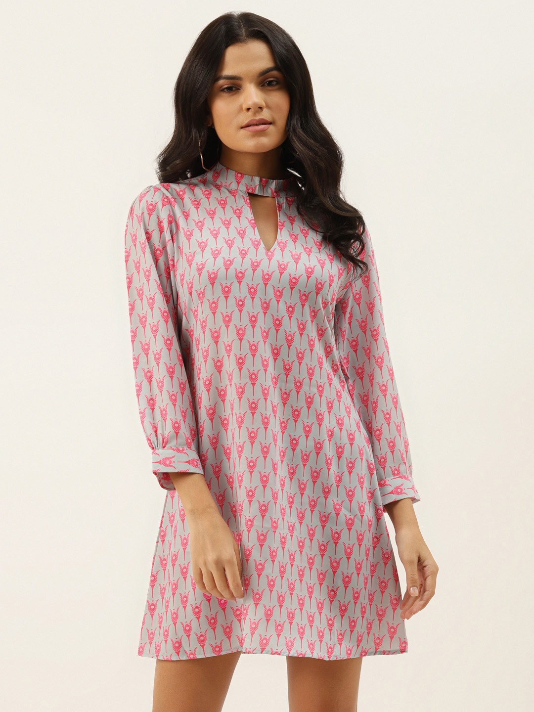 

MELOSO Women Grey & Pink Ethnic Motifs Keyhole Neck A-Line Dress