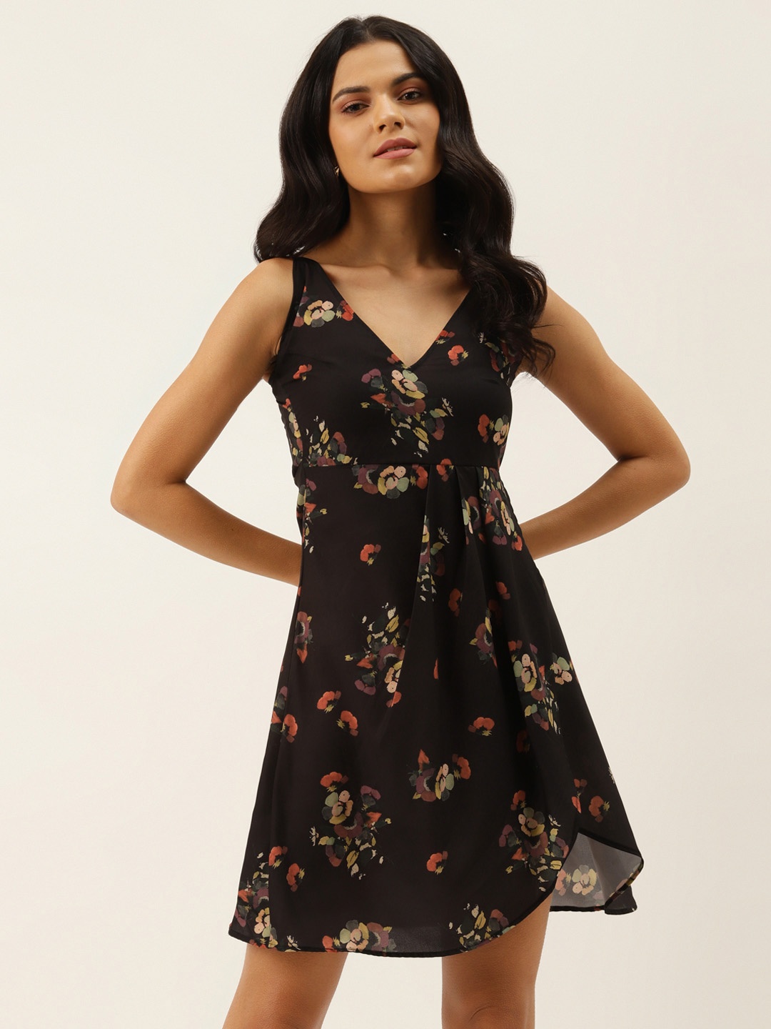 

MELOSO Women Black Floral Print Wrap Dress