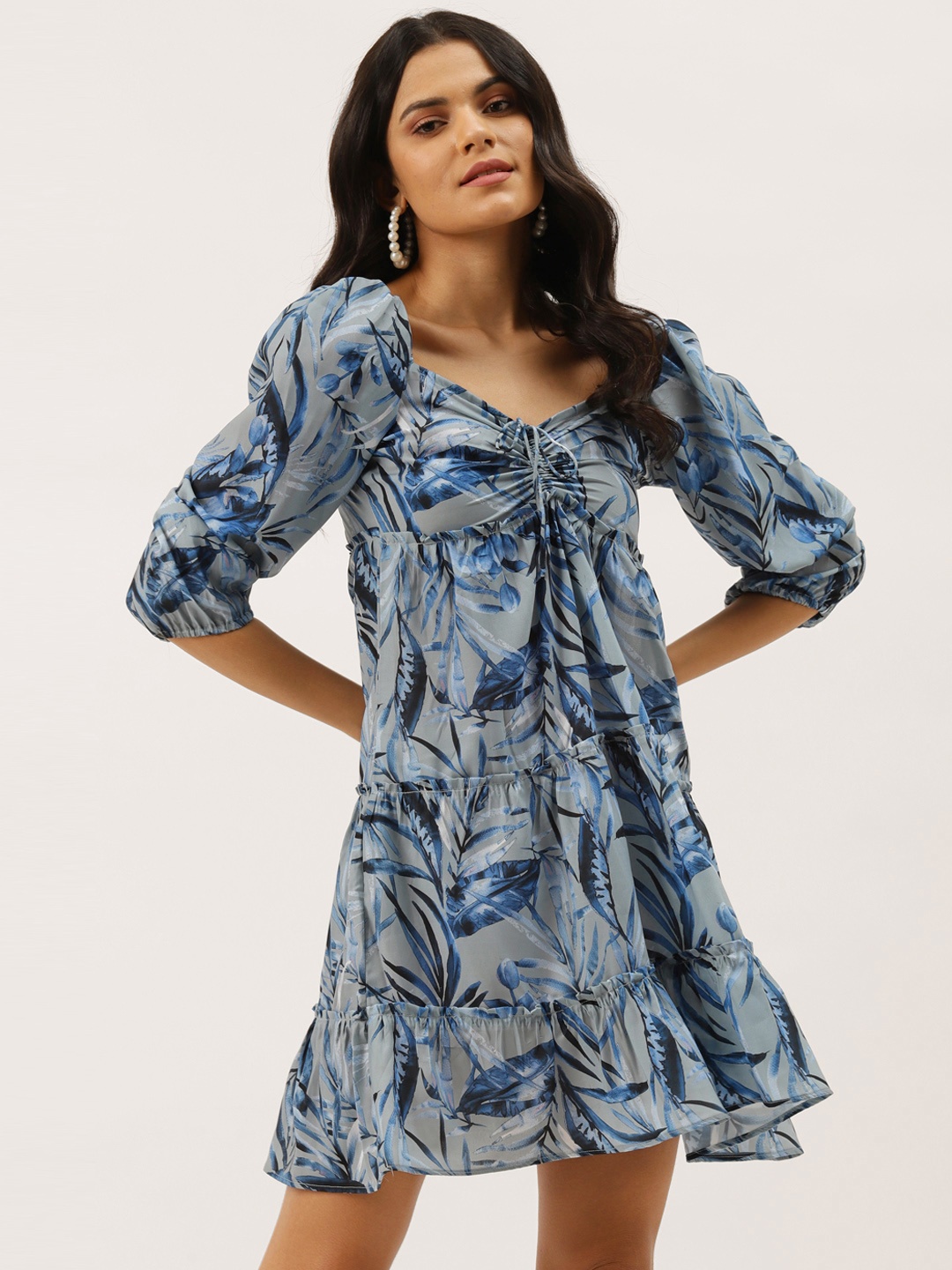 

MELOSO Women Grey & Blue Tropical Print Tiered Empire Dress