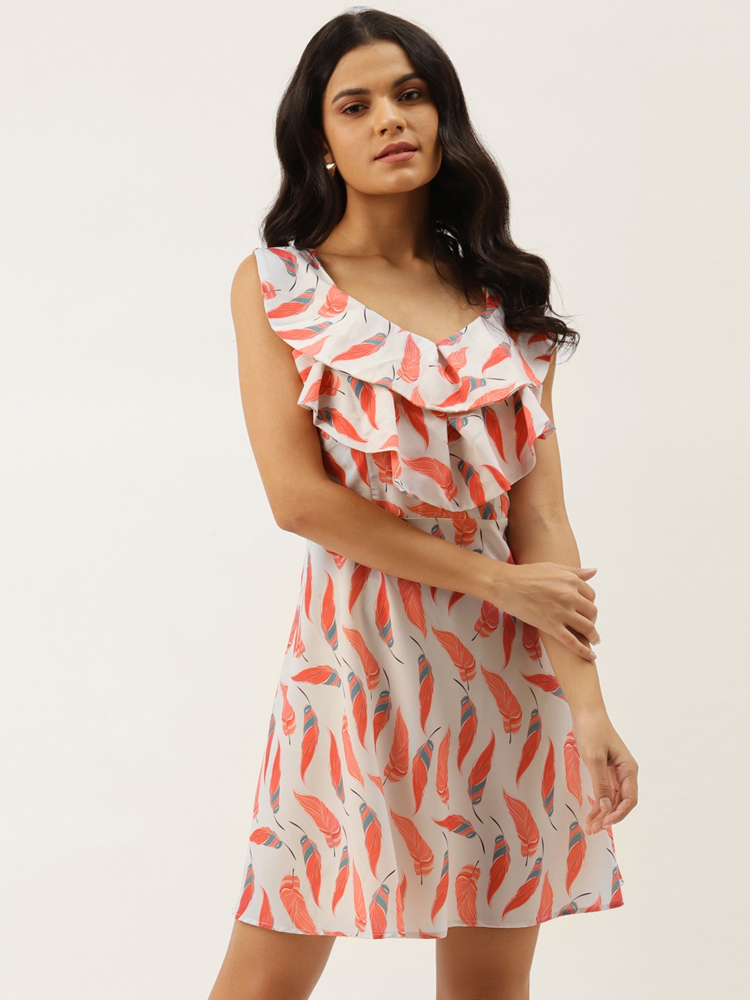 

MELOSO Women Off White & Orange Feather Print A-Line Dress