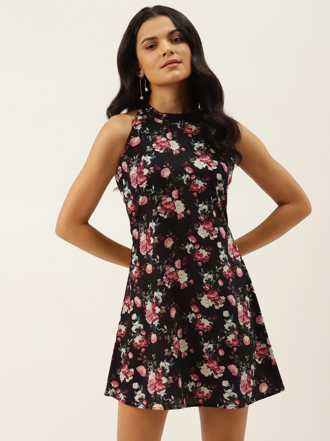 

MELOSO Women Black & Pink Floral Print A-Line Dress