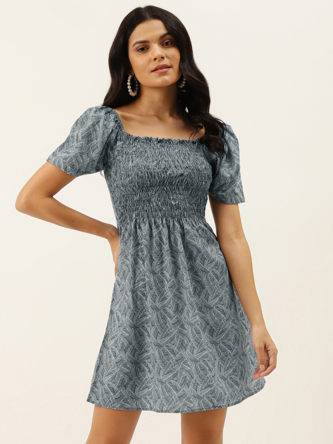 

MELOSO Women Blue Printed Smocked A-Line Dress