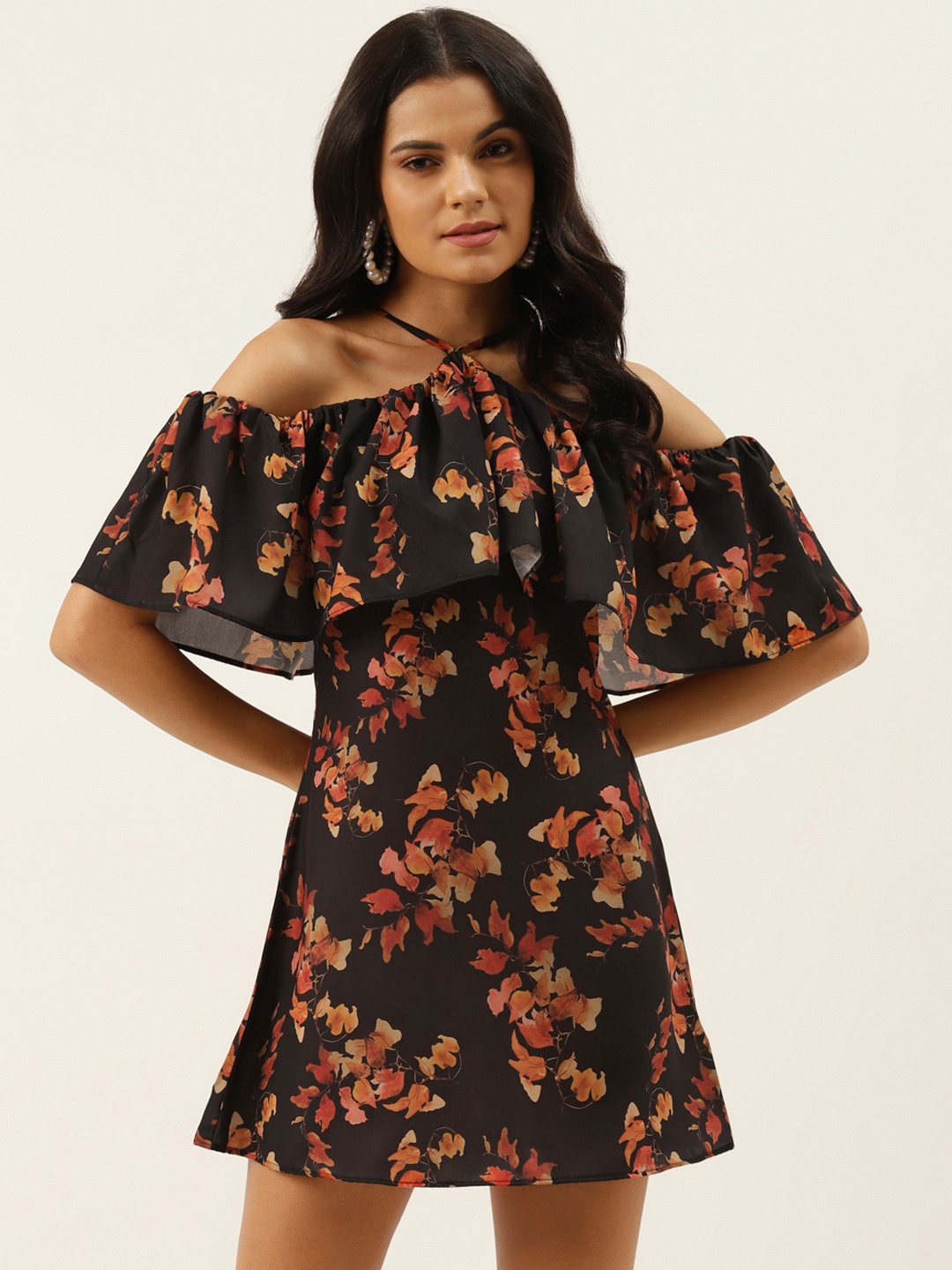 

MELOSO Women Black & Peach-Coloured Floral Print Halter Neck A-Line Dress