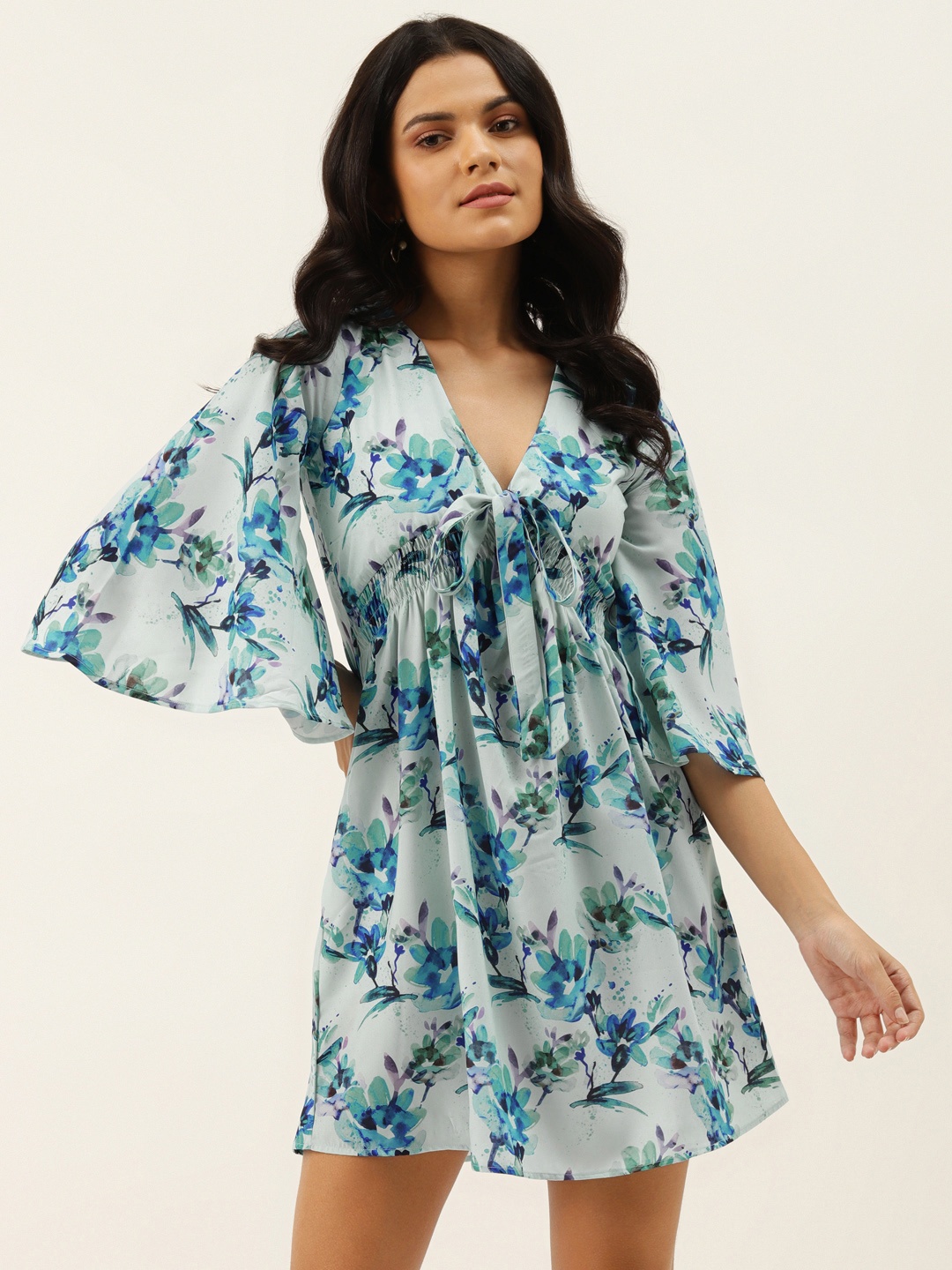 

MELOSO Blue Floral Print Empire Dress