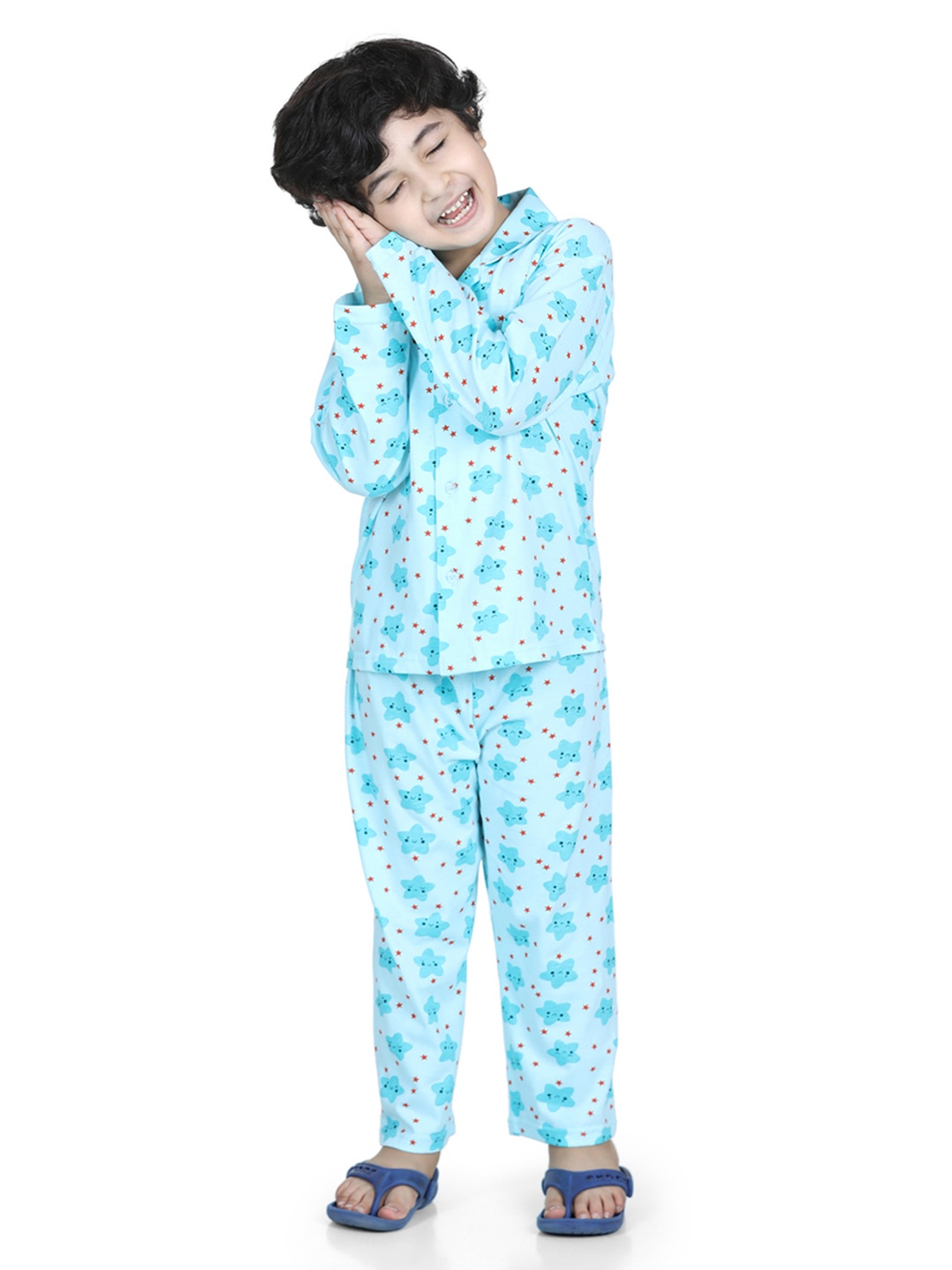 

Aj DEZInES Boys Turquoise Blue Printed Night Suit