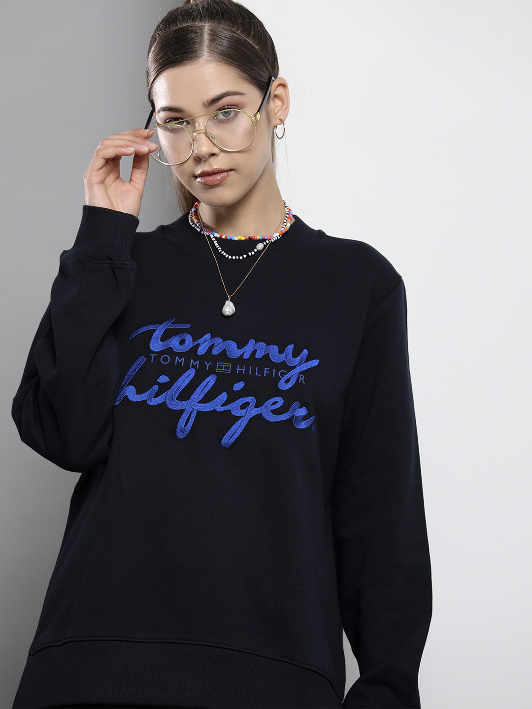 

Tommy Hilfiger Women Navy Blue Embroidered Pure Cotton Sweatshirt