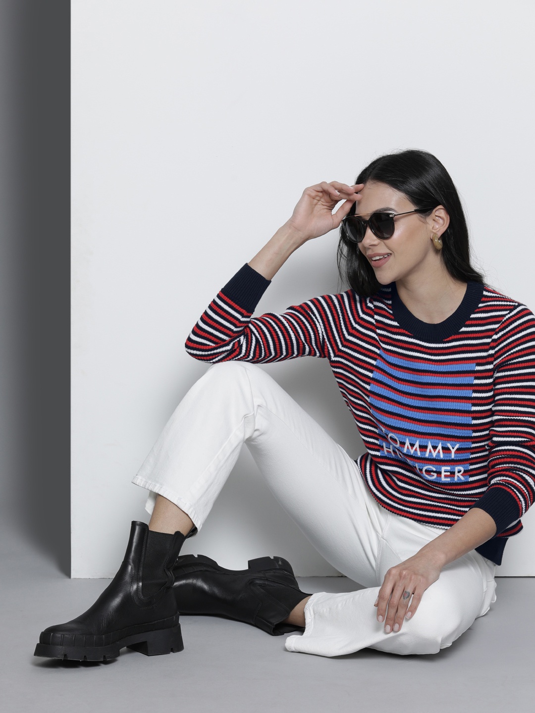 

Tommy Hilfiger Women Red & White Striped Pullover with Logo Embroidered Detail