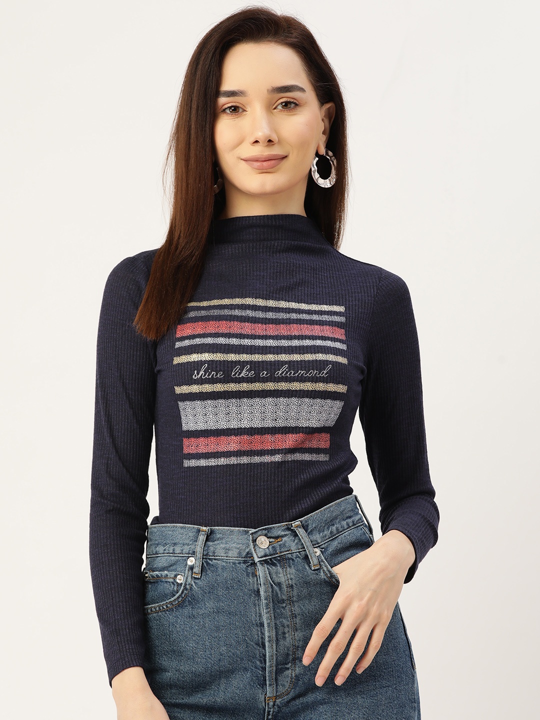 

Madame Navy Blue Typography Printed Top