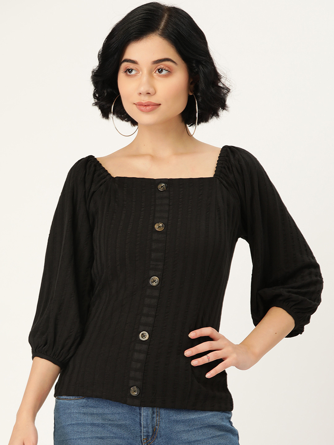 

Madame Black Striped Puff Sleeve Regular Top