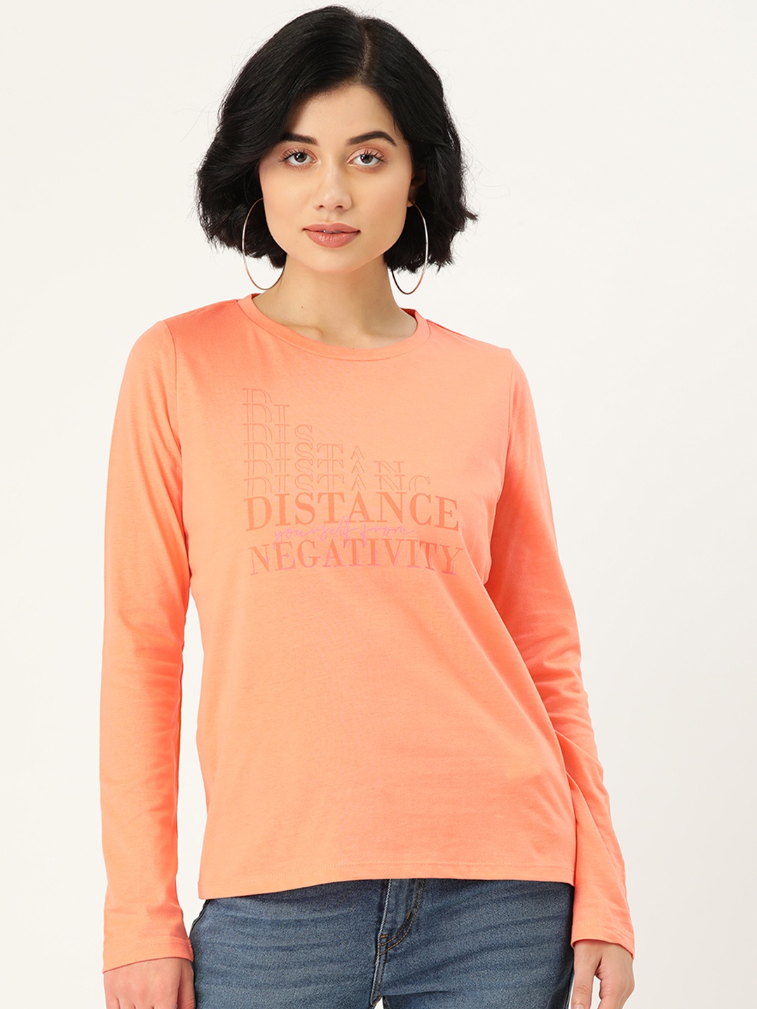 

Madame Women Peach-Coloured Typography Printed Cotton T-shirt