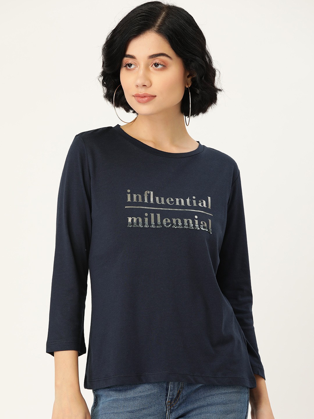 

Madame Women Navy Blue & Magenta Typography Printed T-shirt