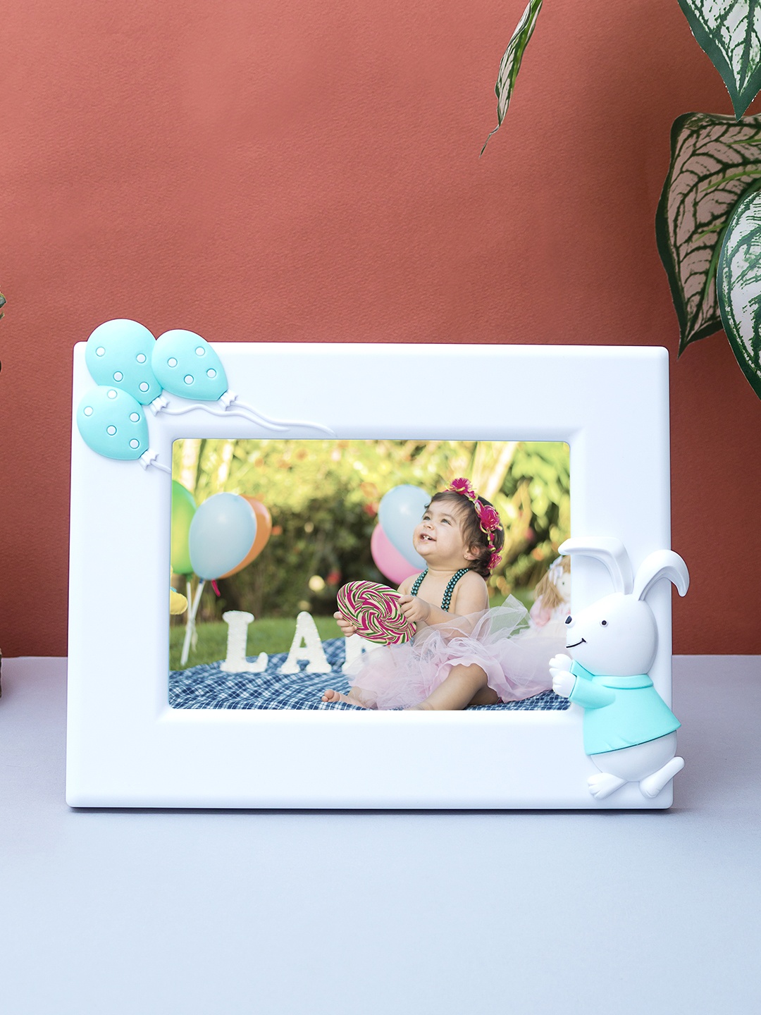 

Golden Peacock Blue & White Bunny Rabbit Embossed Table Photo Frame