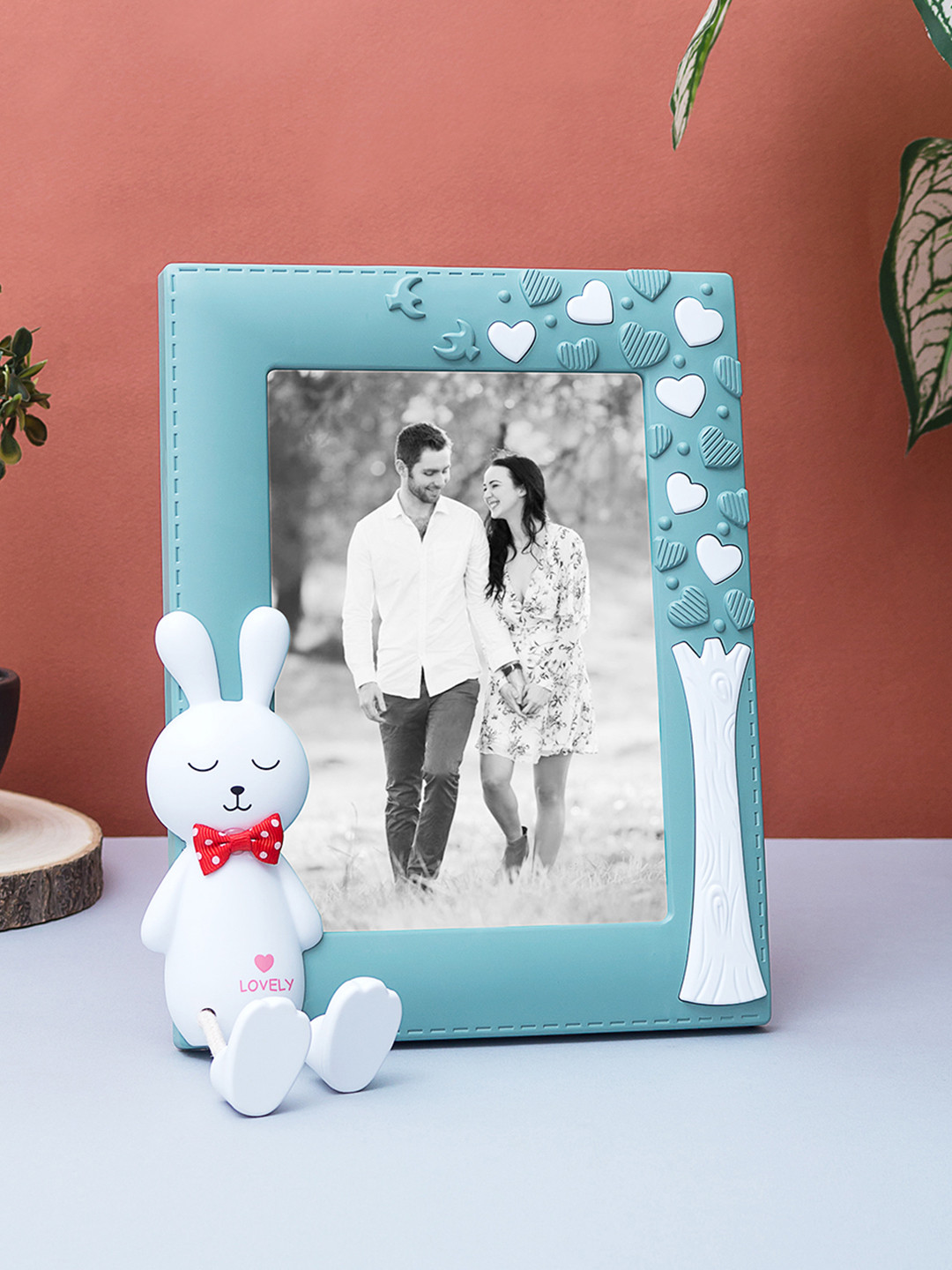 

Golden Peacock Blue & White Hanging Legs Cute Bunny Rabbit Embossed Vertical Photo Frame