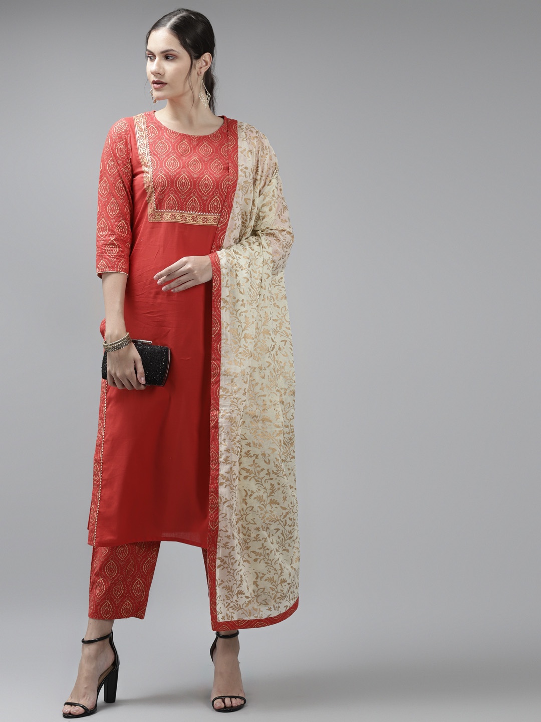 

Amirah s Women Red Ethnic Motifs Printed Pure Cotton Kurta with Trousers & Dupatta