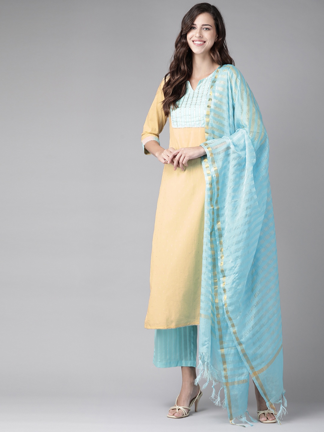 

Amirah s Women Yellow & Blue Dobby Handloom Pure Cotton Kurta with Palazzos & With Dupatta