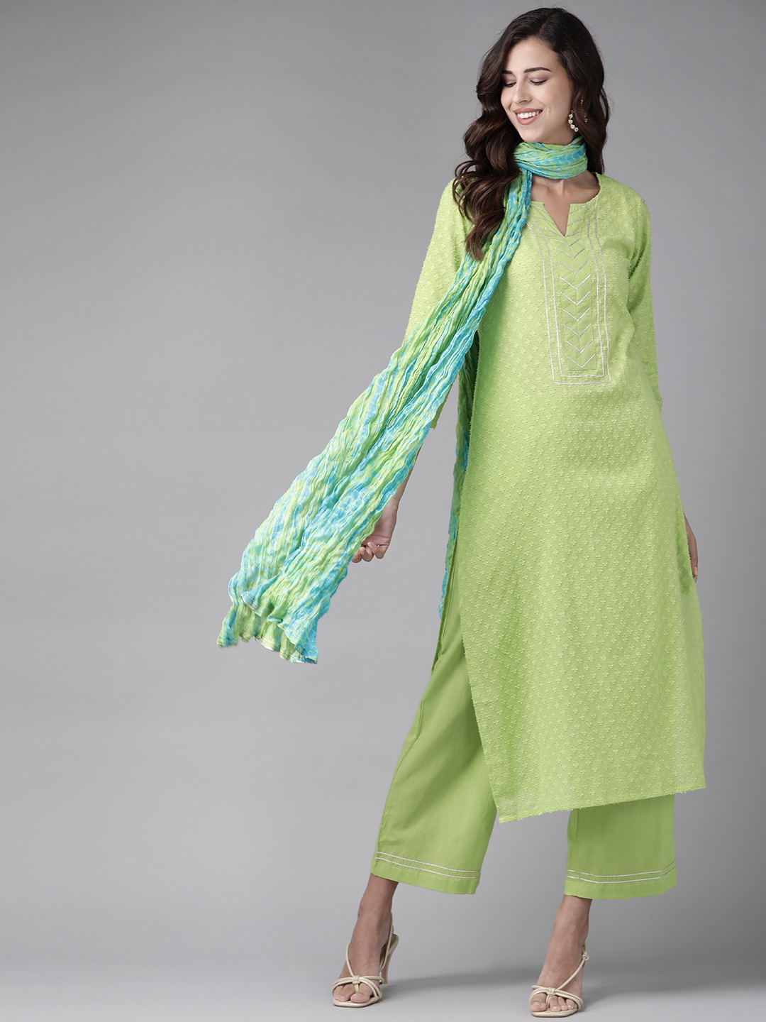 

Amirah s Women Green Dobby Weave Pure Cotton Kurta with Palazzos & With Dupatta